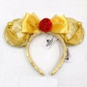 NWT Disney Parks Belle Bow Mickey Minnie Ears Headband Gold Rose Beauty & Beast